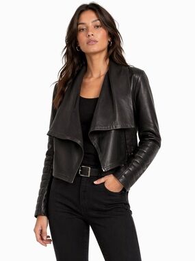Zara Black Vegan Leather Jacket double breasted Zipper Stretch Sleek Design L